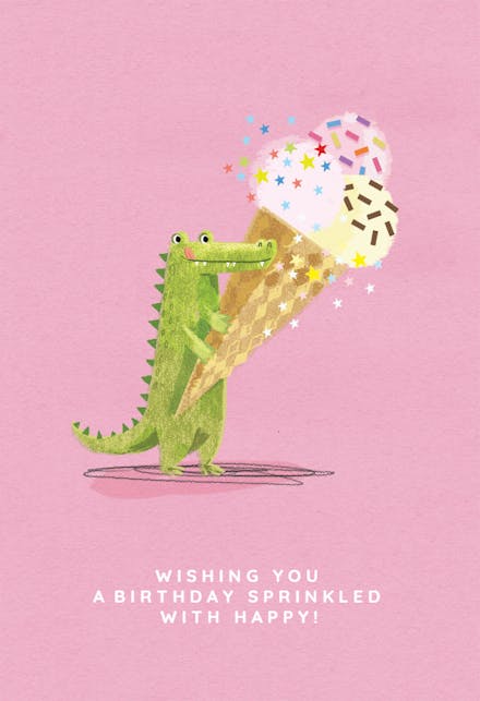 Gator Waiter, a pink birthday card for kids with a cute green crocodile holding an ice cream cone with sprinkles