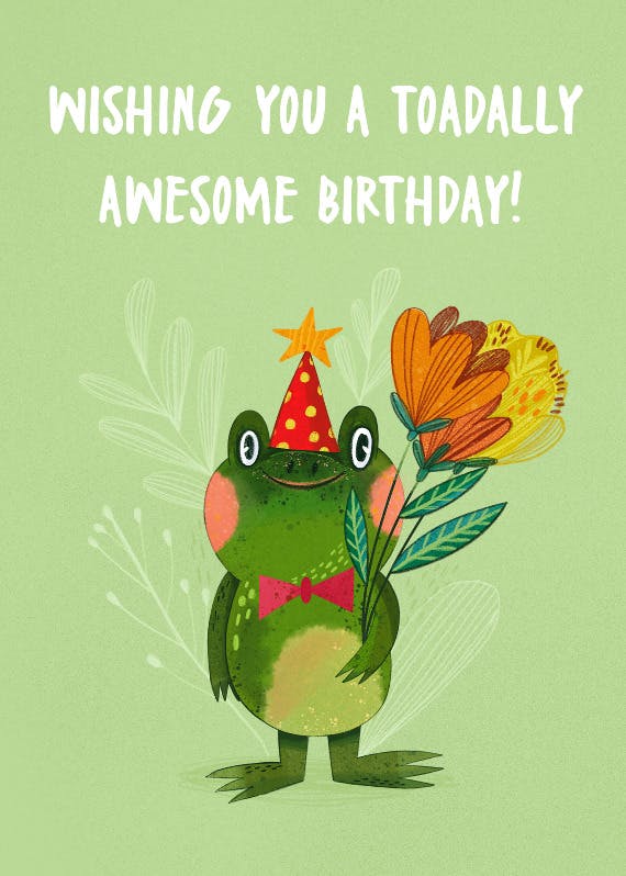 Happy frog with flowers -   funny birthday card