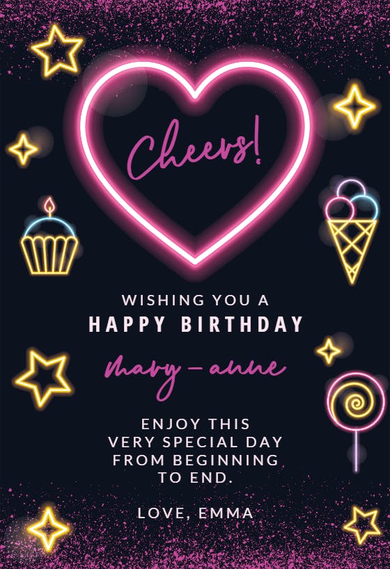 Hearted neon glow - happy birthday card