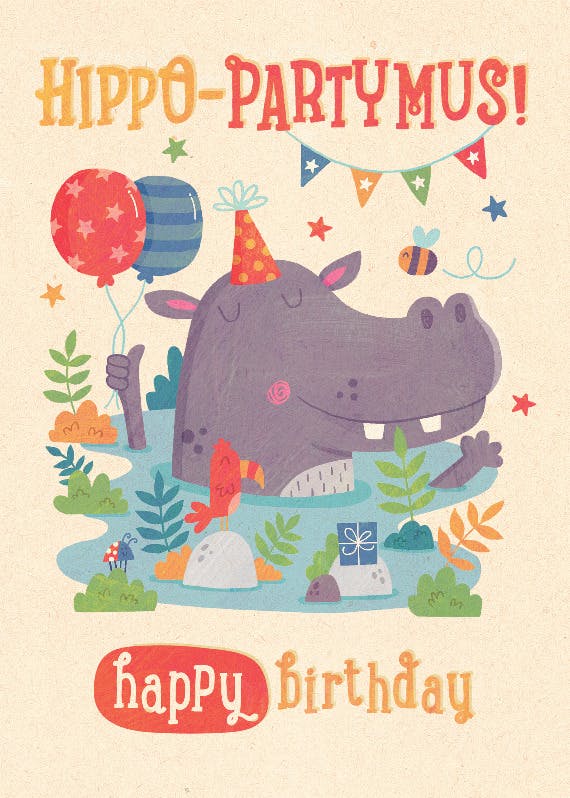 Hippo party-mus - happy birthday card