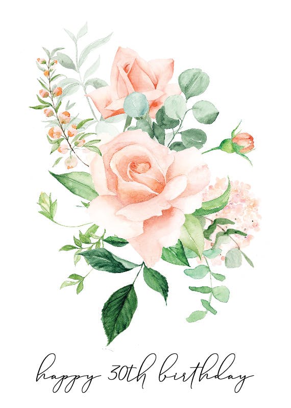 Peach and greenery flowers - tarjeta de cumpleaños