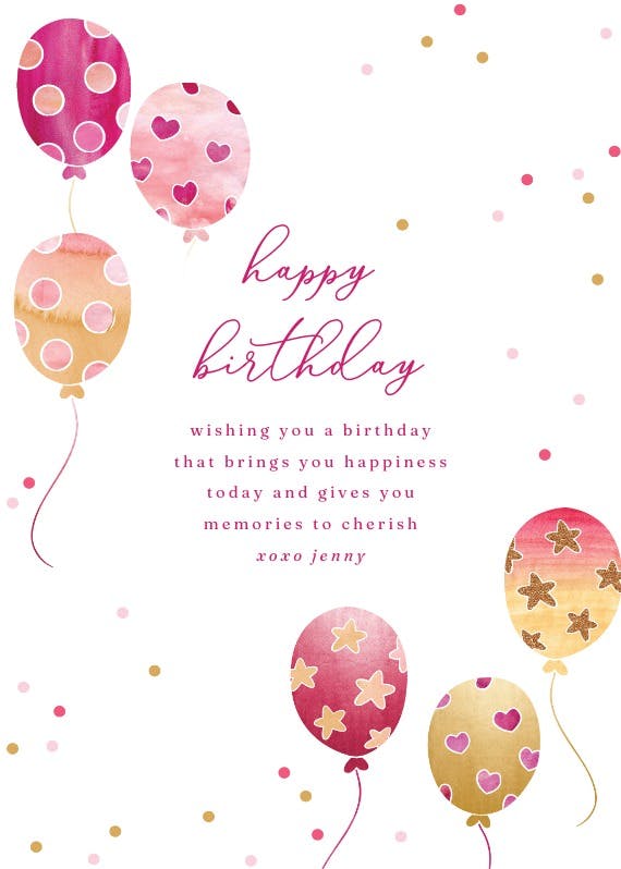 Pink & gold balloons - tarjeta de cumpleaños