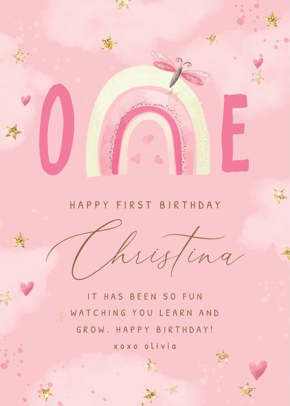 Pink rainbow and bug - happy birthday card