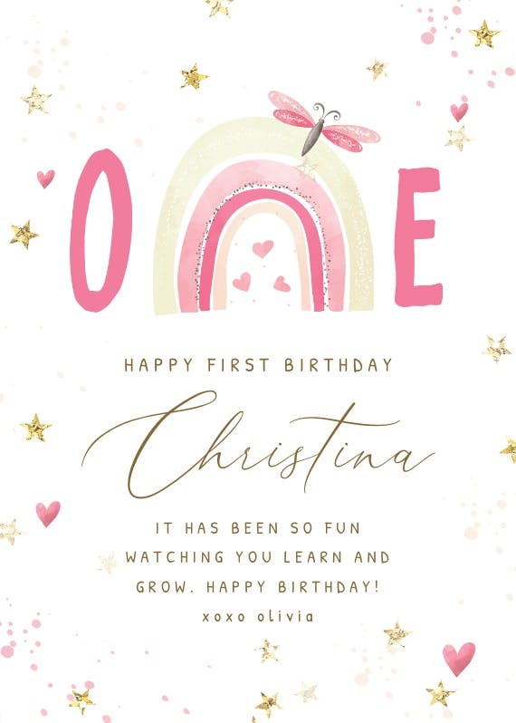 Pink rainbow and bug - birthday card