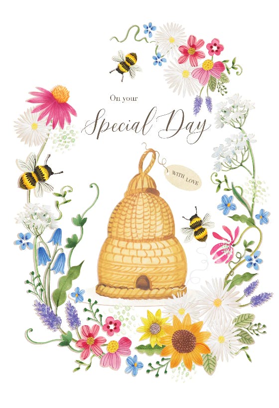 Pretty flowers and bees - happy birthday card