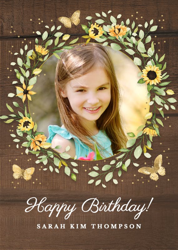 Sunflower wreath with butterfly - happy birthday card