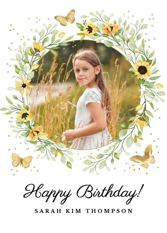 Sunflower wreath with butterfly - birthday card
