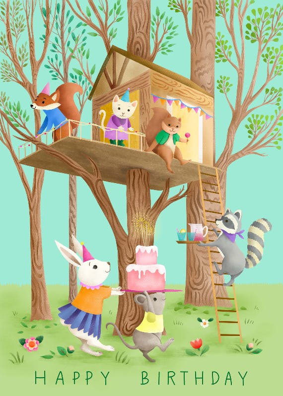 Tree house party - happy birthday card