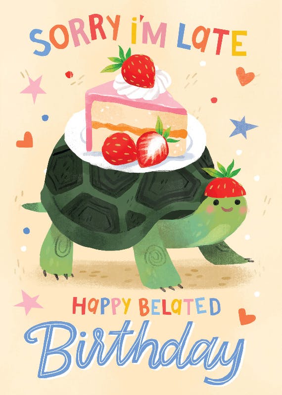 Turtle with strawberry cake - happy birthday card