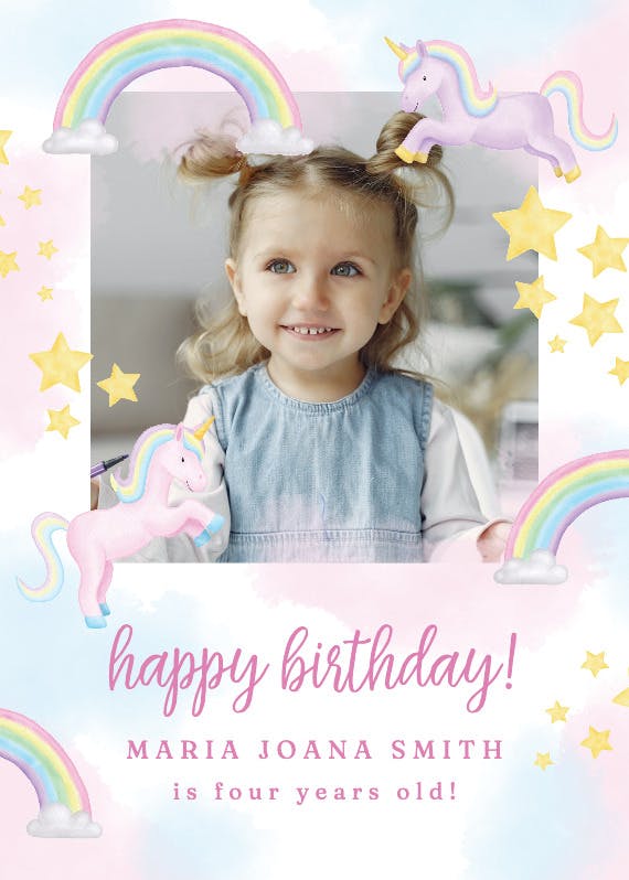 Unicorn and rainbow party -  free birthday card