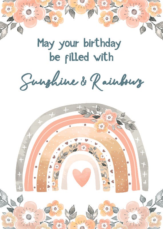 Watercolor flowers and rainbow - happy birthday card