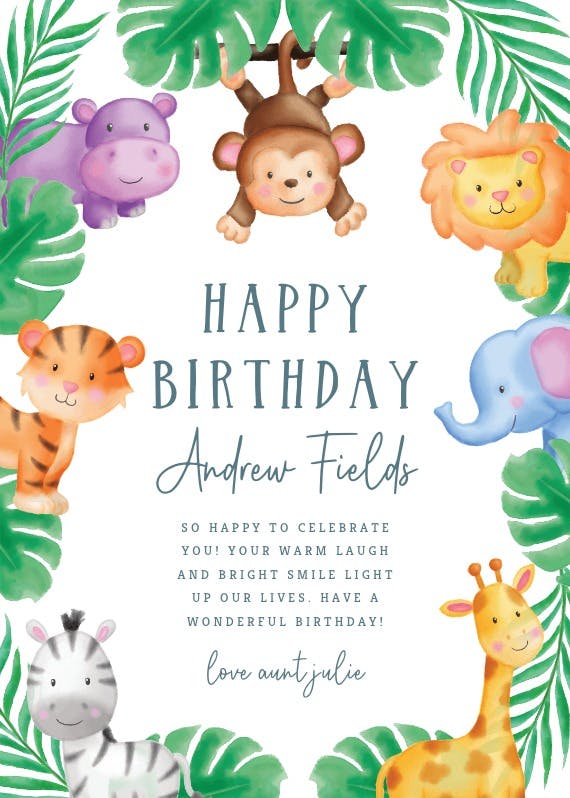 Wild jungle animals - happy birthday card
