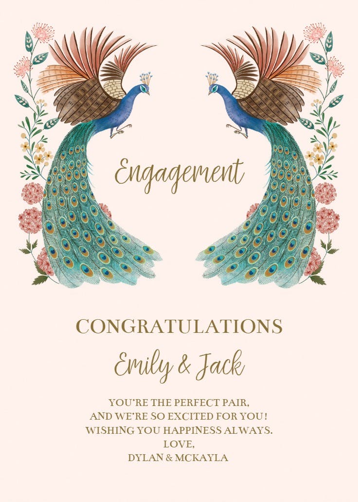 Mirrored peacocks - engagement congratulations card