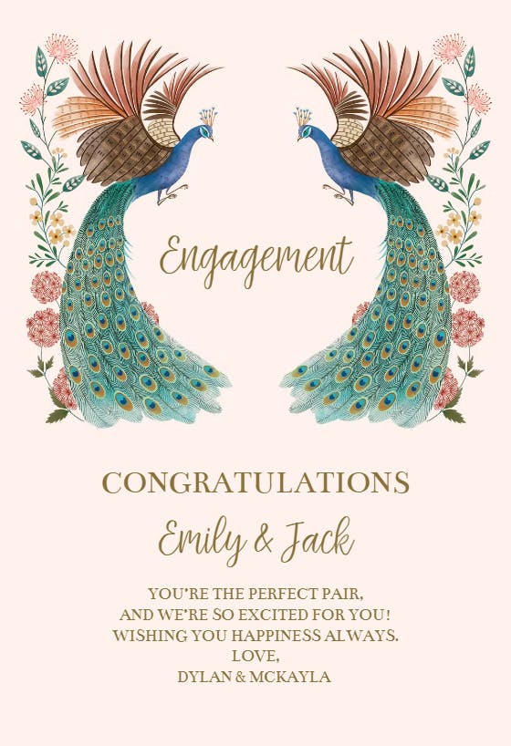 Mirrored peacocks - engagement congratulations card