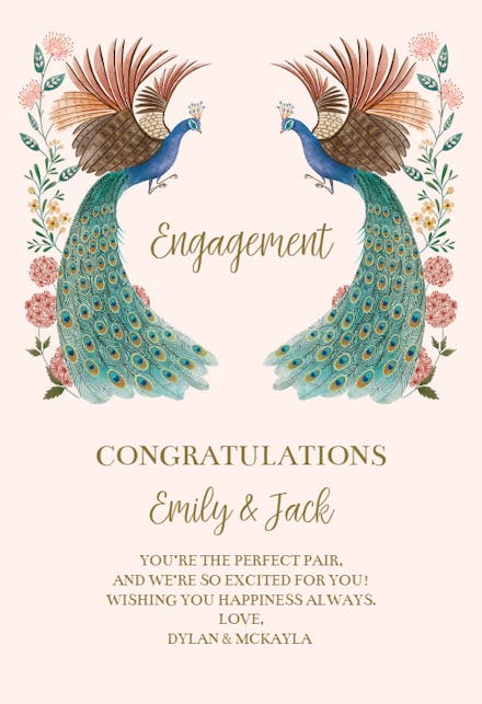 Mirrored peacocks - engagement congratulations card