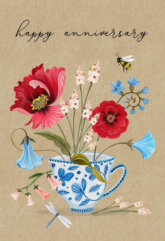 Floral teacup - happy anniversary card