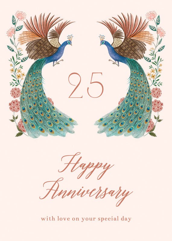 Peacock & flowers - happy anniversary card