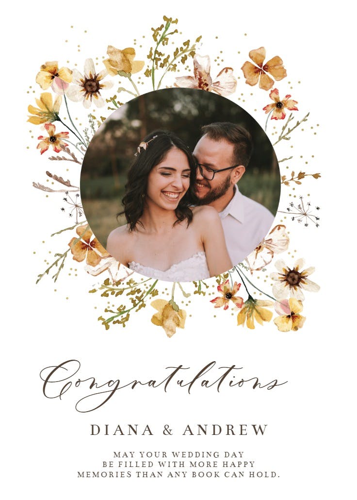 Meadow yellow floral wreath - wedding congratulations card