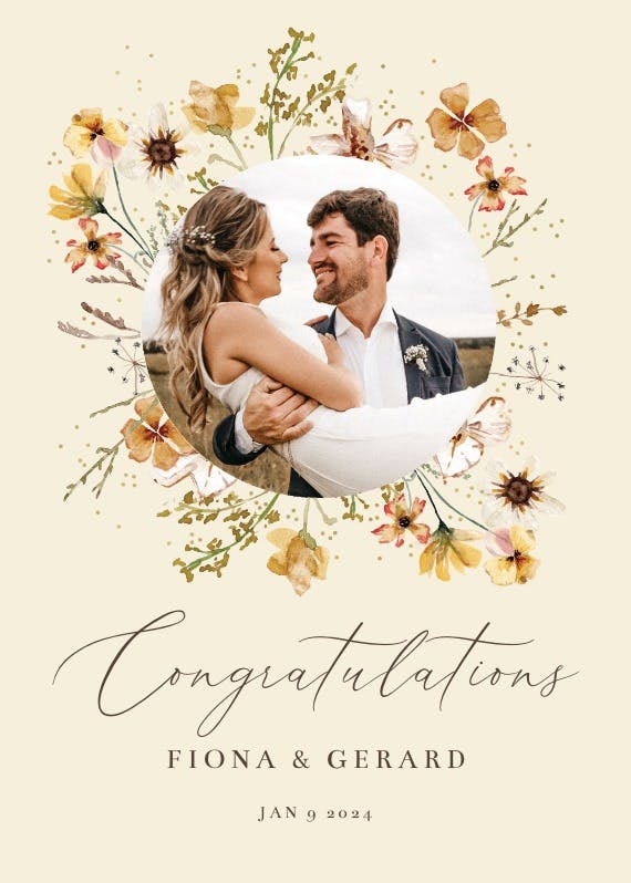 Meadow yellow flowers wreath -  free wedding congratulations card