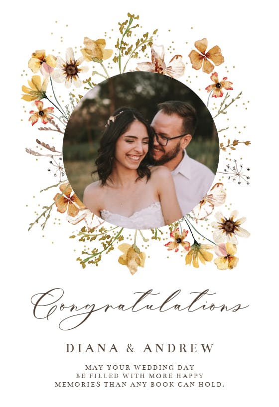 Meadow yellow floral wreath -  free wedding congratulations card