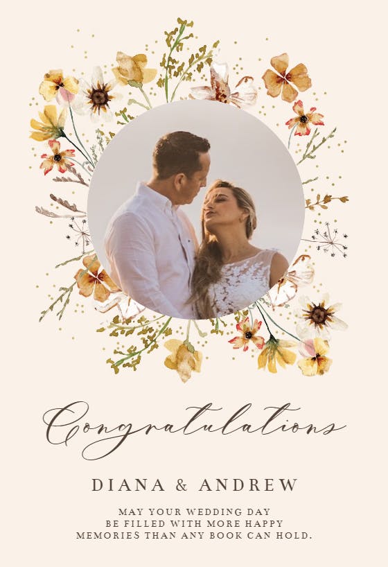 Meadow yellow floral wreath - wedding congratulations card