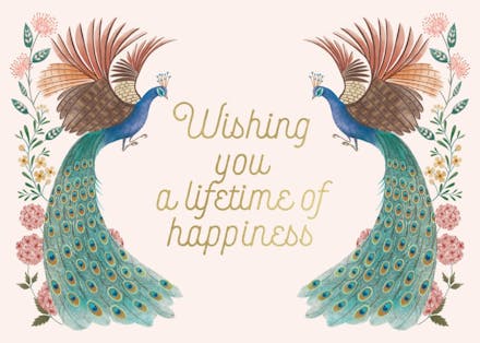 Peacock & flowers - engagement congratulations card