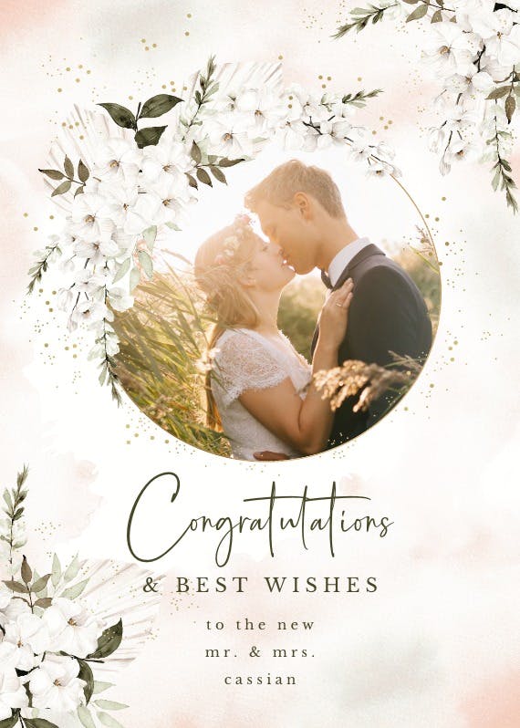 Romantic white flowers frame - wedding congratulations card