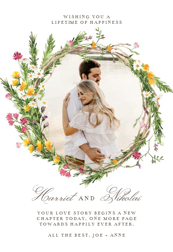Spring flowers wreath photo frame - tarjeta de boda