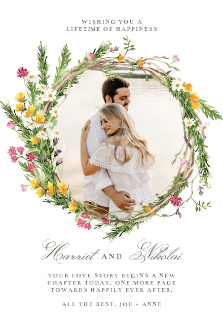 Spring Flowers Wreath Photo Frame - Wedding Congratulations Card