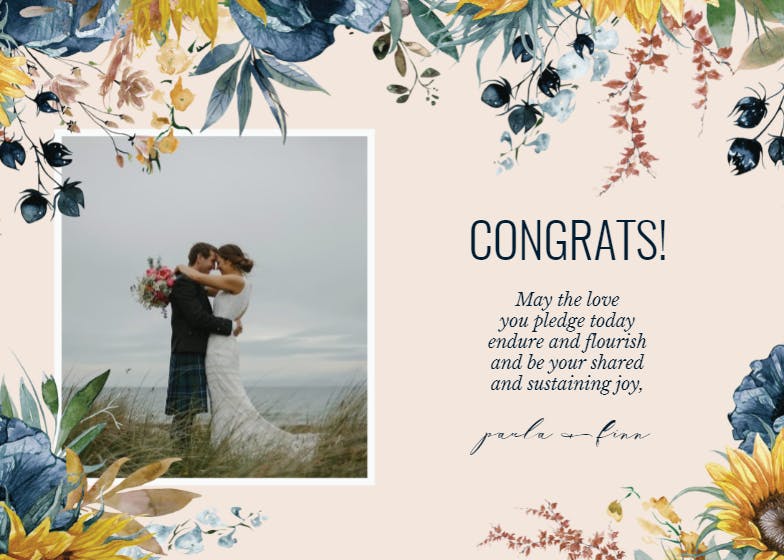 Sunflower and blue -  free wedding congratulations card