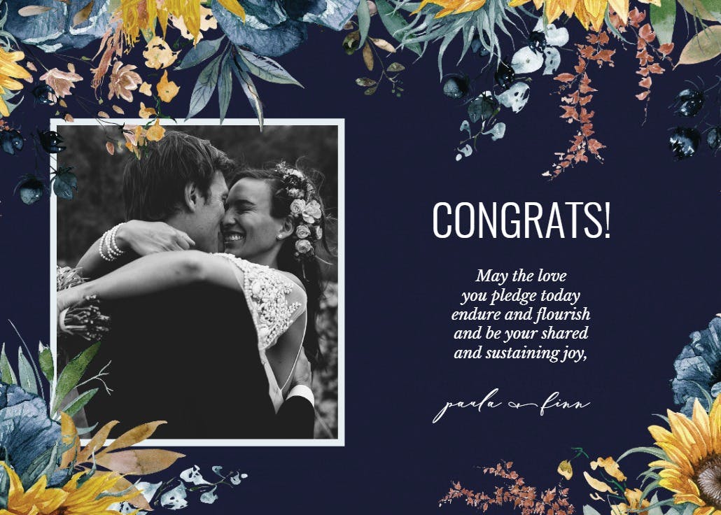 Sunflower and blue - wedding congratulations card