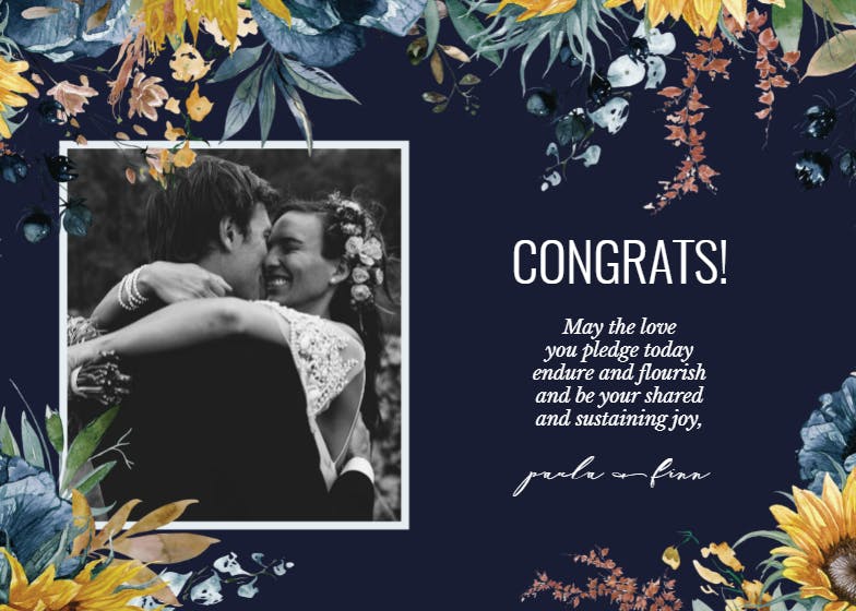 Sunflower and blue -  free wedding congratulations card