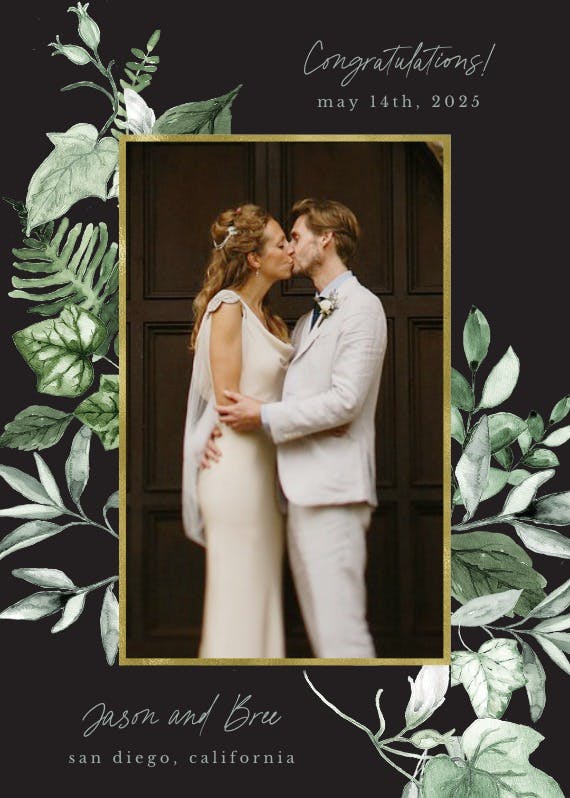Watercolor greenery frame -  free wedding congratulations card
