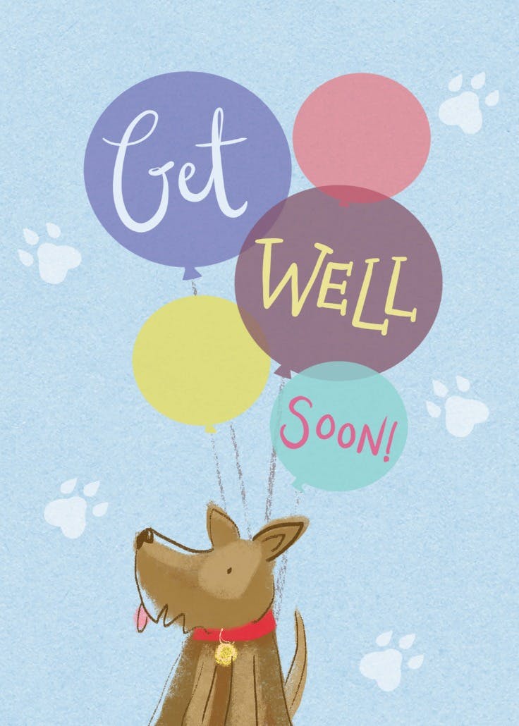 Dog & balloons - get well soon card