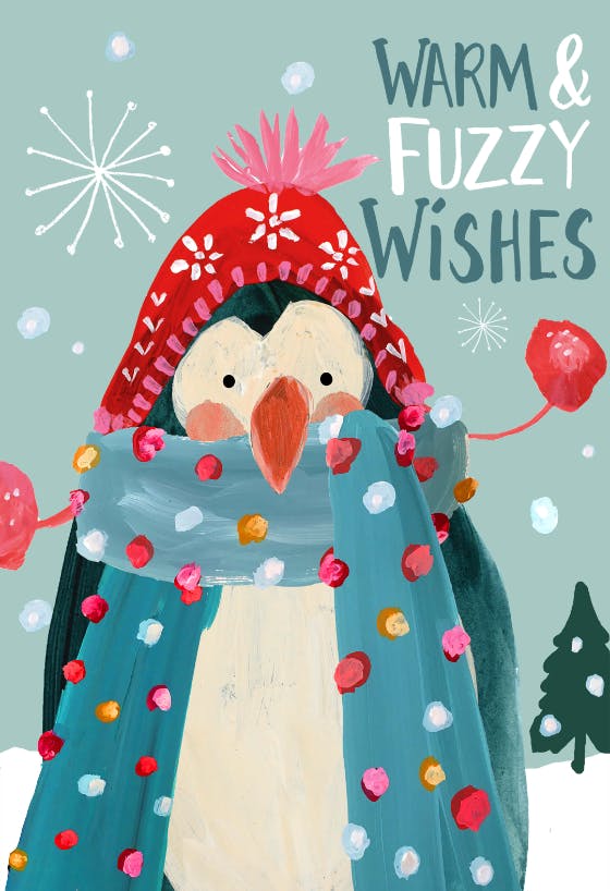 Warm fuzzy penguin - holidays card