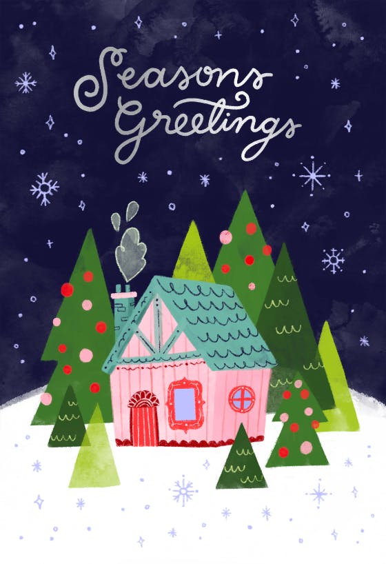 Winter pink house - christmas card