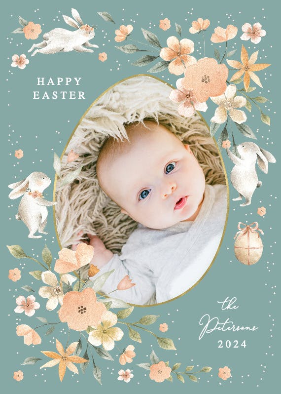 Bunny and flowers wreath -  tarjeta de pascua
