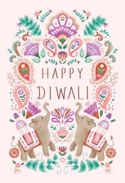 Folk frame with elephants - Diwali Card