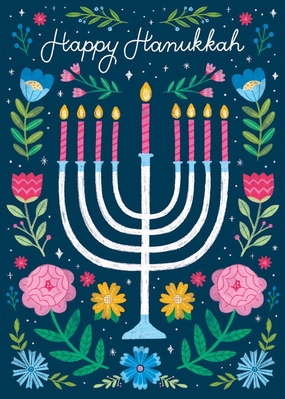 Menorah with floral decoration - hanukkah card
