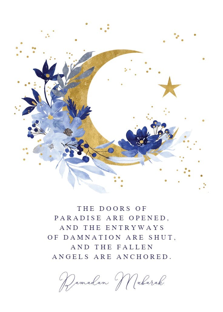 New moon and blue flowers - ramadan card
