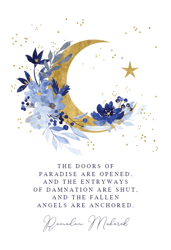New moon and blue flowers -  tarjeta de ramadán