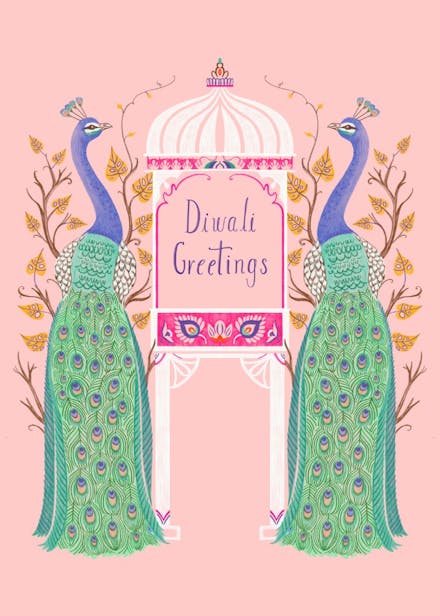 Pink diwali peacocks - diwali card