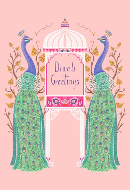 Pink Diwali peacocks - Diwali Card