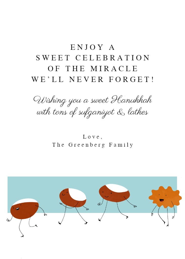 Walking sufganiyot and latkes - hanukkah card