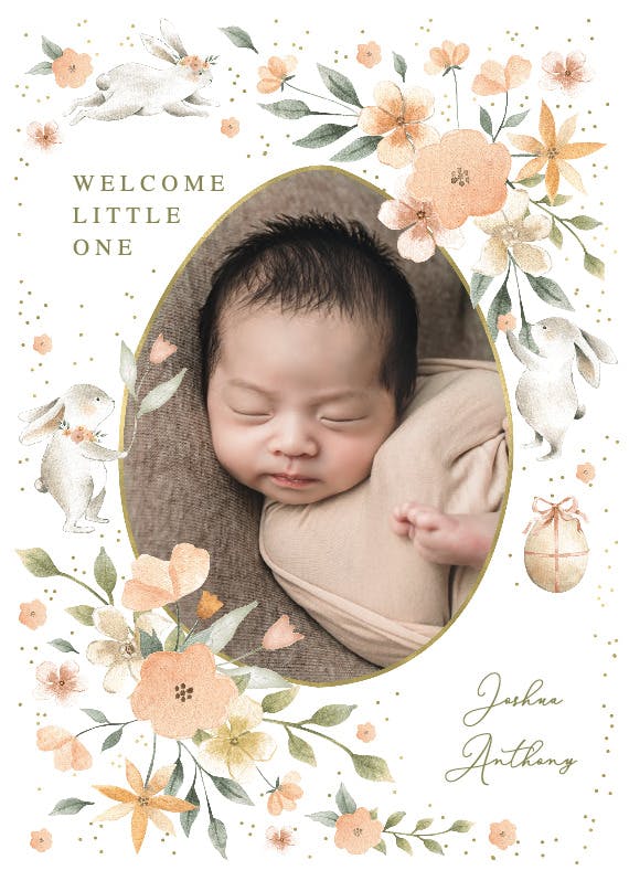 Bunny and flowers wreath -  tarjeta de recién nacido