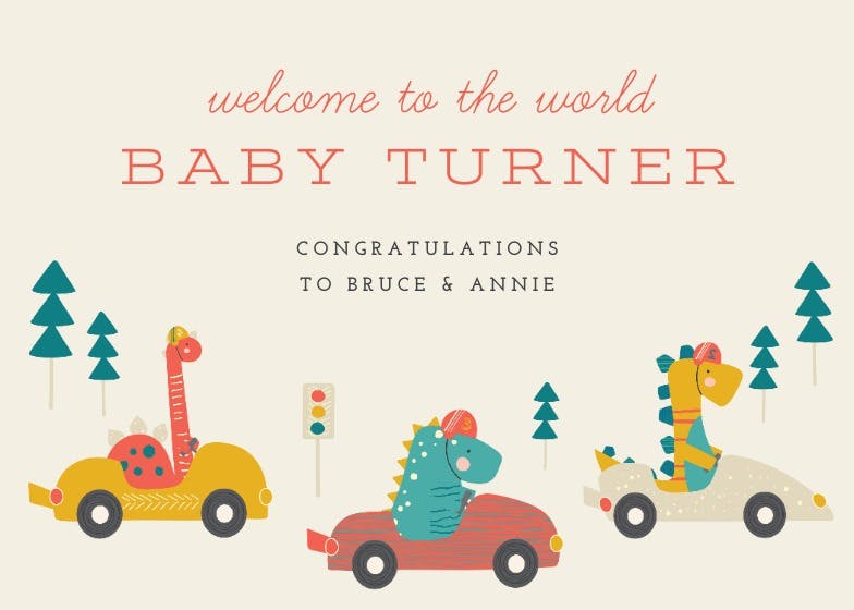 Dino race cars - baby shower & new baby card
