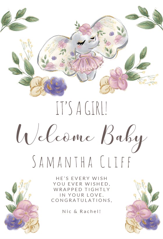 Elephant baby girl -  baby shower & new baby card
