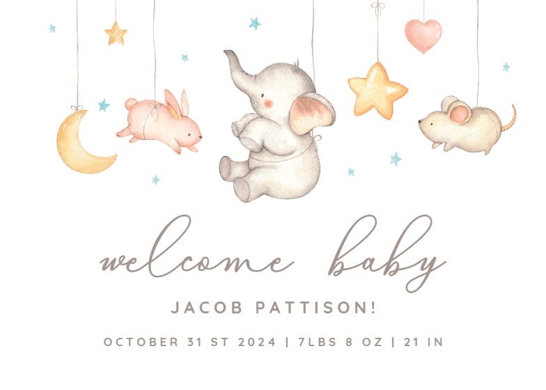 Elephant mobile - baby shower & new baby card
