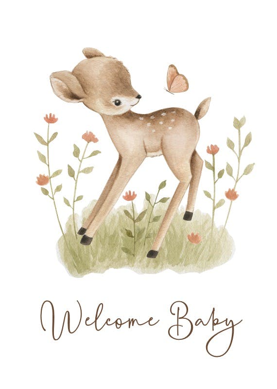 Fawn and butterfly -  tarjeta de recién nacido
