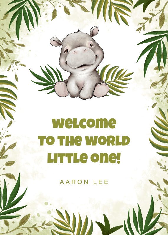 Hippo and leaves -  tarjeta de recién nacido